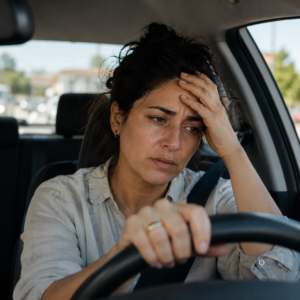 Mujer manejando, abrumada emocionalmente